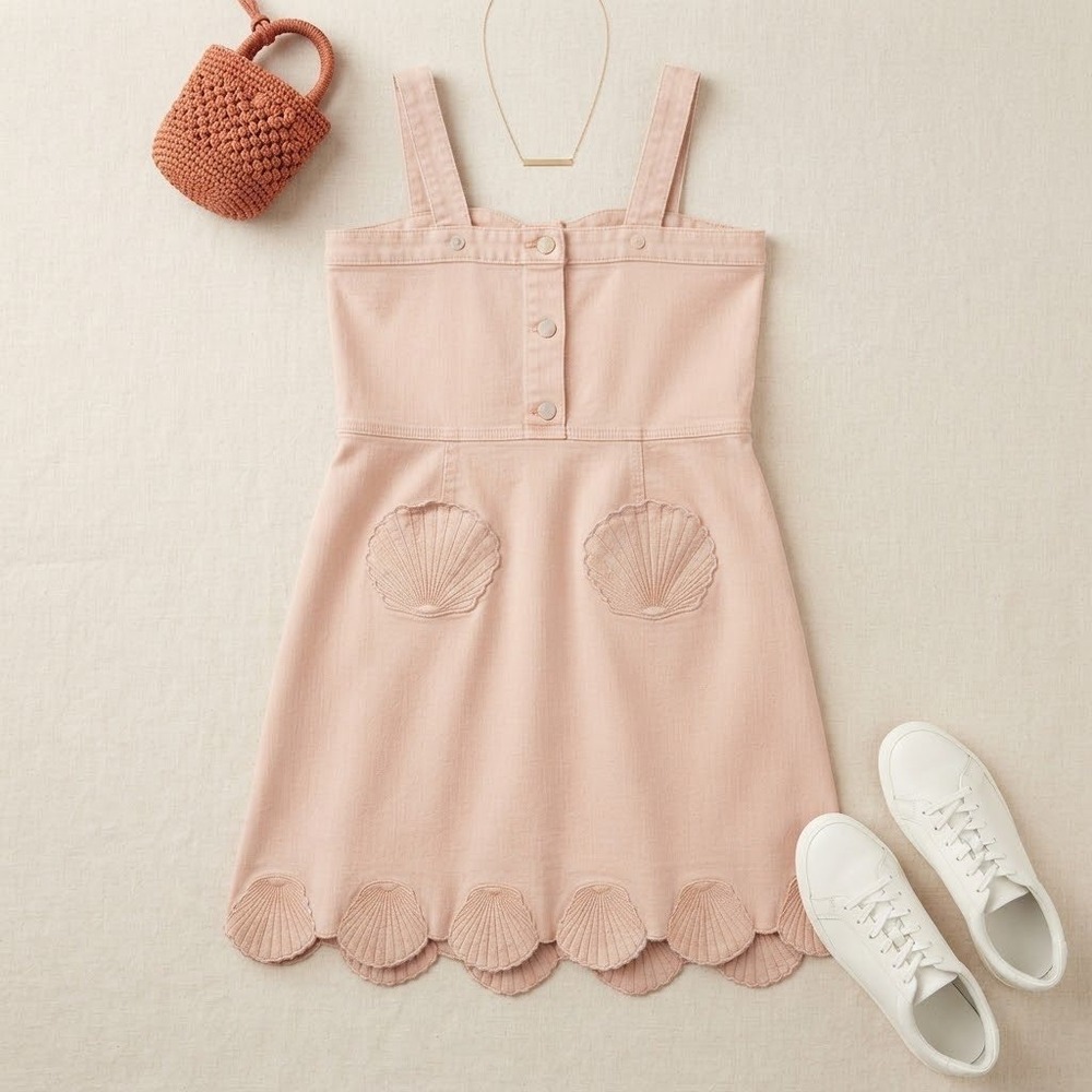 Stella McCartney Kids Dress 12 Pink Seashell Scalloped Denim Pinafore Mermaid